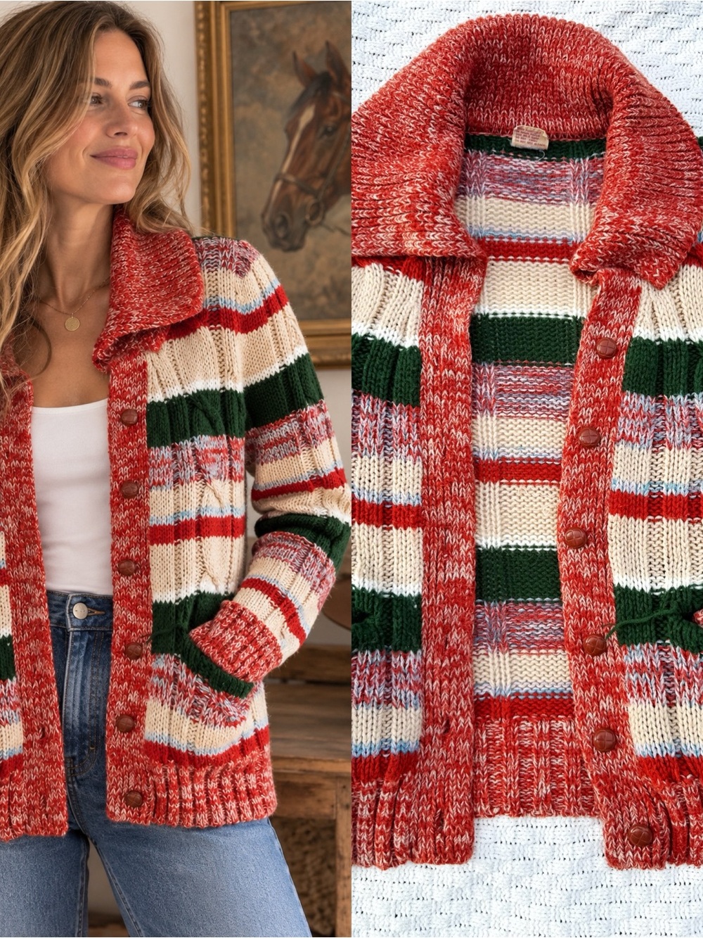 VTG Skiva Striped Button‑Front Cable Knit Cardigan Sweater - Red, Green & Cream